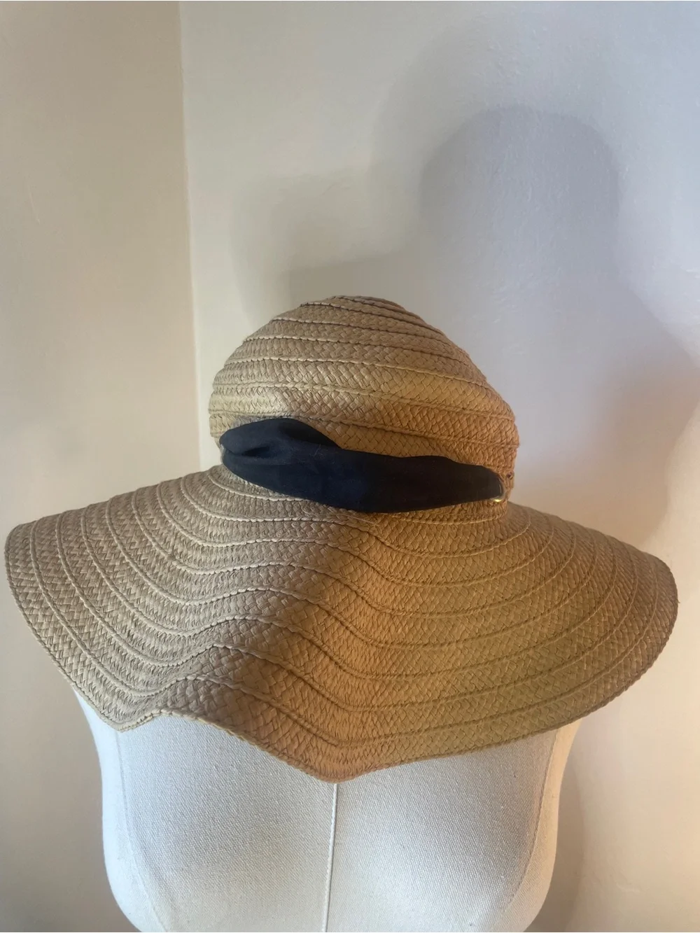 World Market Tan Braided Straw‎ Sun Hat with Black Cloth Band